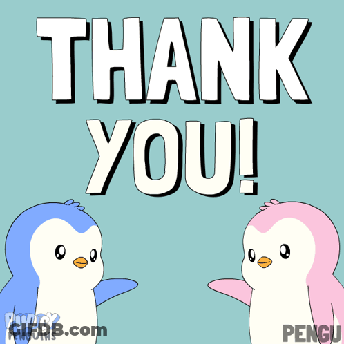 A Couple Of Penguins Standing Next To Each Other With The Words Thank You Surrounded By Hearts GIF