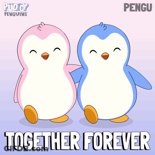 A Couple Of Penguins Standing Next To Each Other With The Words Together Forever Written Below Them GIF