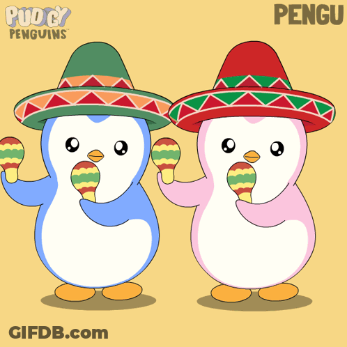 A Couple Of Penguins Wearing Sombrero Hats Holding Maracas And The Word Pengu On The Bottom GIF