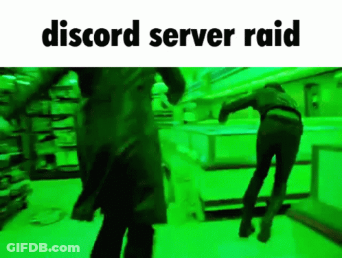 A Couple Of People Are Dancing In A Store With The Words `` Discord Server Raid '' Written On The Bottom . GIF