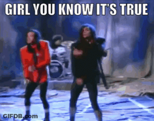 A Couple Of People Dancing On A Stage With The Words Girl You Know It 'S True Above Them GIF