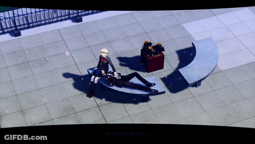 A Couple Of People Laying On A Bench With The Words " I 'M Getting Sleepier " On The Bottom GIF