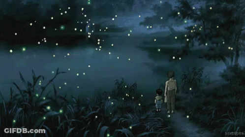 A Couple Of People Standing In A Field With Fireflies In The Sky GIF