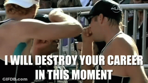 A Couple Of People Standing Next To Each Other With The Words " I Will Destroy Your Career In This Moment " On The Botto GIF