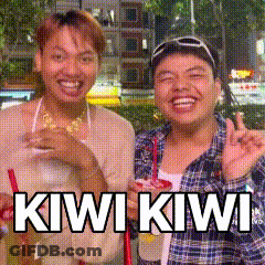 A Couple Of People Standing Next To Each Other With The Words Kiwi Kiwi Written On The Bottom GIF
