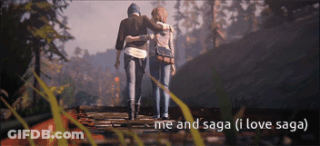 A Couple Of People Standing Next To Each Other With The Words Me And Saga ( I Love Saga ) Below Them GIF