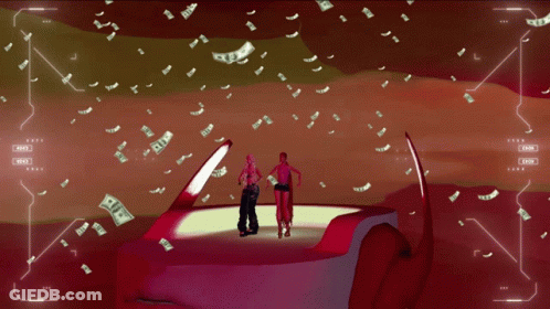 A Couple Of People Standing On Top Of A Boat With Money Flying Around GIF