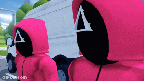 A Couple Of People Wearing Pink Hoodies With A Triangle On Their Faces GIF