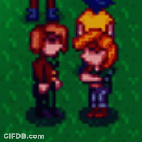 A Couple Of Pixel Art Characters Standing Next To Each Other On A Green Field . GIF