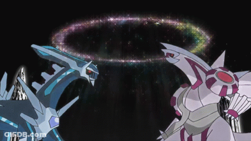 A Couple Of Pokemon Standing Next To Each Other With A Circle In The Background GIF