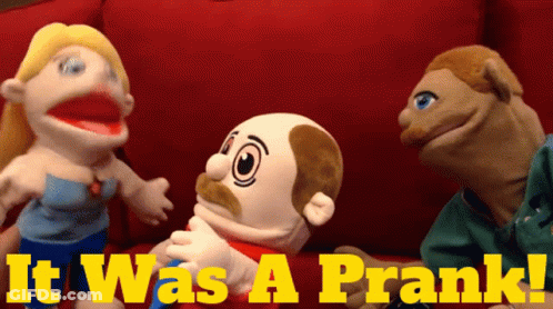 A Couple Of Puppets Sitting On A Red Couch With The Words It Was A Prank GIF