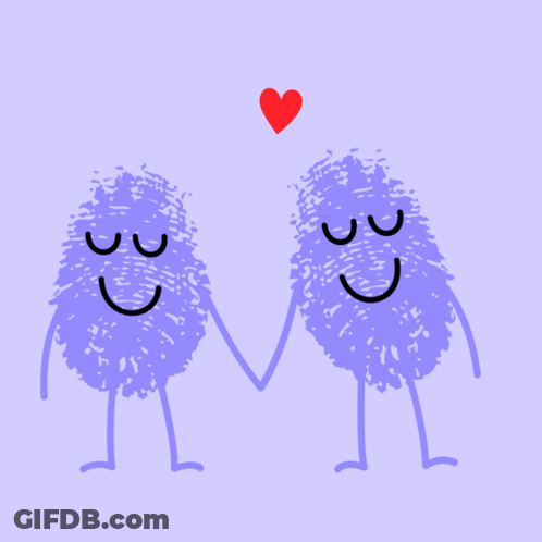A Couple Of Purple Monsters Holding Hands With A Red Heart Above Them GIF