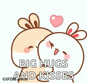 A Couple Of Rabbits Hugging Each Other With A Heart In The Background And The Words `` Big Hugs And Kisses '' . GIF