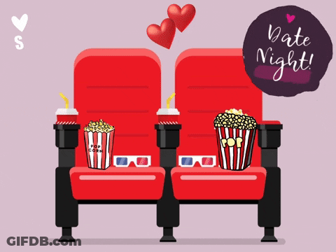 A Couple Of Red Seats With Popcorn And 3D Glasses And A Sign That Says Date Night GIF