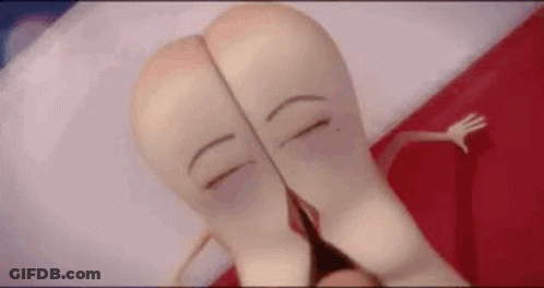 A Couple Of Sausages Are Laying On A Bed With Their Faces Drawn On Their Butts . GIF