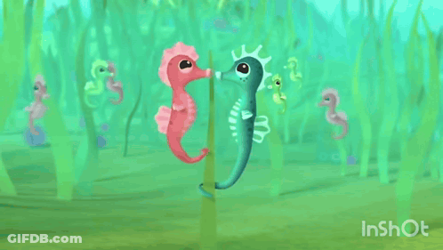 A Couple Of Seahorses Standing Next To Each Other In A Painting GIF