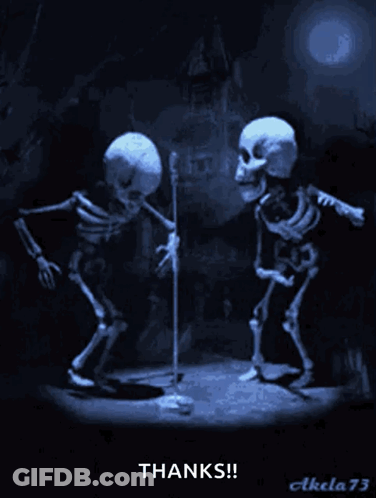 A Couple Of Skeletons Dancing In Front Of A Microphone With The Words Thanks Written Below Them GIF