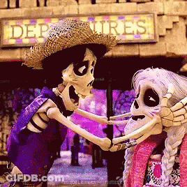 A Couple Of Skeletons Standing In Front Of A Sign That Says " Departures " GIF