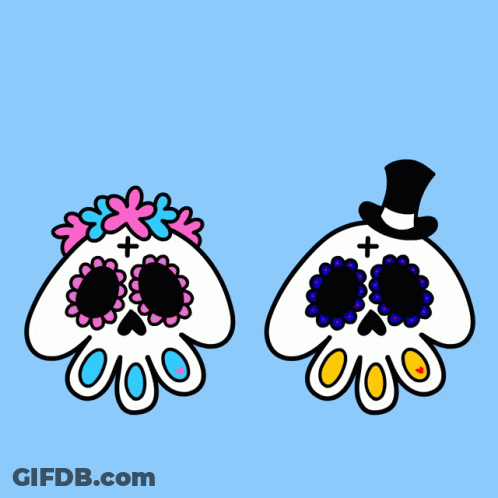 A Couple Of Skulls With Hearts Above Them GIF