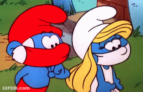 A Couple Of Smurfs Are Standing Next To Each Other And One Has A Red Hat On GIF