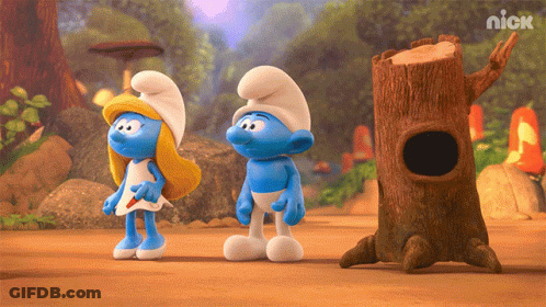 A Couple Of Smurfs Standing Next To A Tree Stump With The Nick Logo On The Bottom GIF