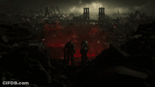 A Couple Of Soldiers Standing In Front Of A City With A Bridge In The Distance GIF