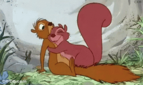 A Couple Of Squirrels Hugging Each Other In A Cartoon .. GIF