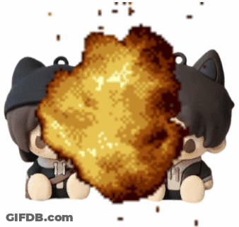 A Couple Of Stuffed Animals Sitting Next To Each Other With A Huge Explosion Behind Them GIF