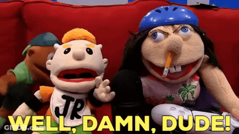 A Couple Of Stuffed Animals Sitting On A Couch With The Words Well Damn Dude Written In Yellow GIF