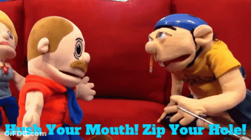 A Couple Of Stuffed Animals Sitting On A Red Couch With The Words Hush Your Mouth Zip Your Hole On The Bottom GIF