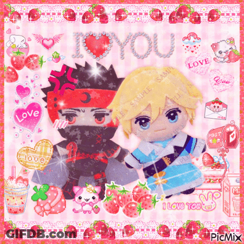 A Couple Of Stuffed Animals Standing Next To Each Other On A Pink Background With The Words I Love You Written On It GIF