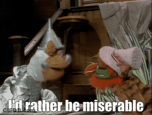 A Couple Of Stuffed Animals Standing Next To Each Other With The Words I 'D Rather Be Miserable Above Them GIF