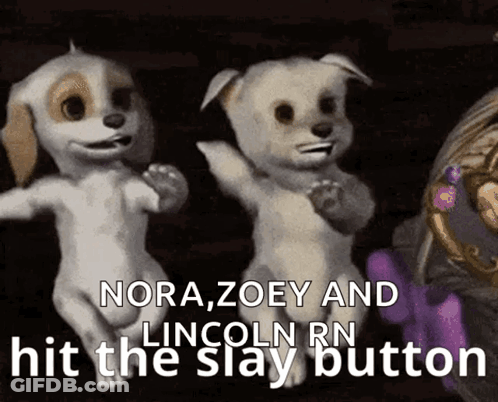 A Couple Of Stuffed Animals With The Words Nora Zoey And Lincoln Rn Hit The Slay Button On The Bottom GIF
