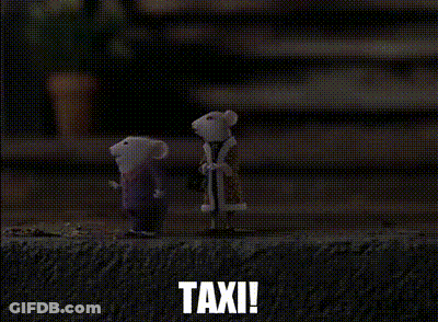 A Couple Of Stuffed Mice Standing Next To Each Other With The Words Taxi In The Corner GIF