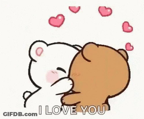 A Couple Of Teddy Bears Are Kissing Each Other With Hearts Surrounding Them . GIF