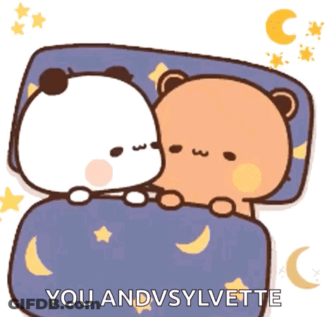 A Couple Of Teddy Bears Are Sleeping Under A Blanket With The Words You And Sylvette Written On The Bottom GIF