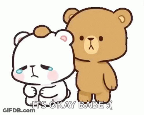 A Couple Of Teddy Bears Are Standing Next To Each Other . GIF