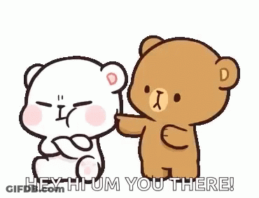 A Couple Of Teddy Bears Are Standing Next To Each Other And One Is Petting The Other 'S Head . GIF