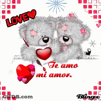 A Couple Of Teddy Bears Holding A Red Heart With The Words Love And Te Amo Mi Amor GIF