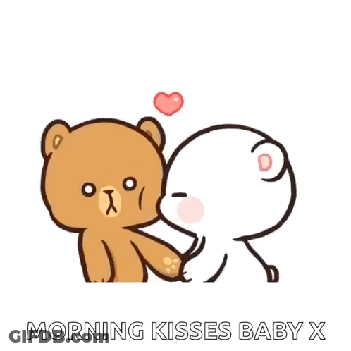 A Couple Of Teddy Bears Holding Hands With A Heart In The Background And The Words `` Morning Kisses Baby X '' . GIF