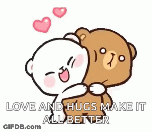 A Couple Of Teddy Bears Hugging Each Other With Hearts . GIF
