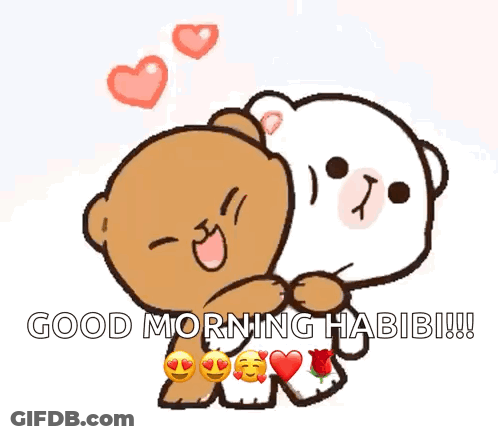 A Couple Of Teddy Bears Hugging Each Other With The Words Good Morning Habibi Written Below Them GIF