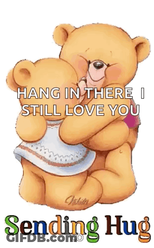 A Couple Of Teddy Bears Hugging Each Other With The Words `` Hang In There I Still Love You Sending Hug '' . GIF