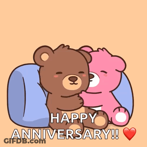 A Couple Of Teddy Bears Hugging Each Other With The Words Happy Anniversary GIF