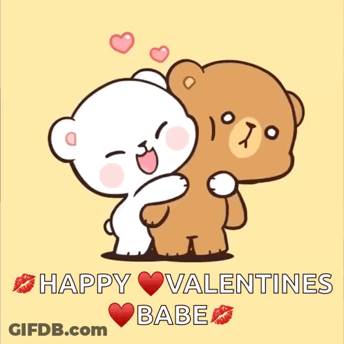 A Couple Of Teddy Bears Hugging Each Other With The Words Happy Valentines Babe GIF