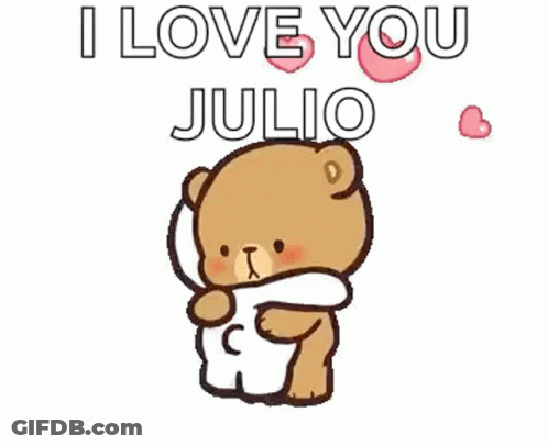 A Couple Of Teddy Bears Hugging Each Other With The Words `` I Love You Julio '' Written Above Them . GIF