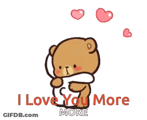 A Couple Of Teddy Bears Hugging Each Other With The Words I Love You More GIF