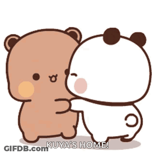 A Couple Of Teddy Bears Hugging Each Other With The Words Kuya 'S Home . GIF