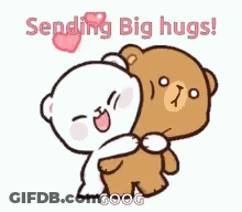 A Couple Of Teddy Bears Hugging Each Other With The Words `` Sending Big Hugs '' . GIF