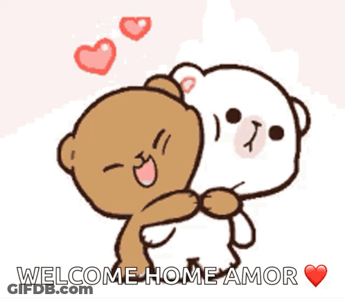 A Couple Of Teddy Bears Hugging Each Other With The Words Welcome Home Amor In The Corner GIF